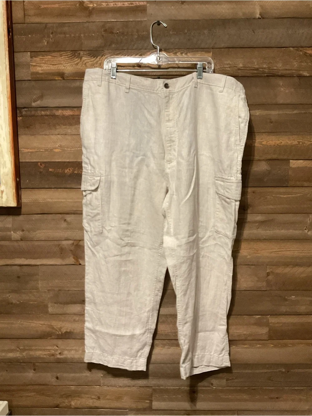 Caribbean Mens 100% Linen Cargo Pants 48x30 Oatmeal Beige Straight Leg Casual